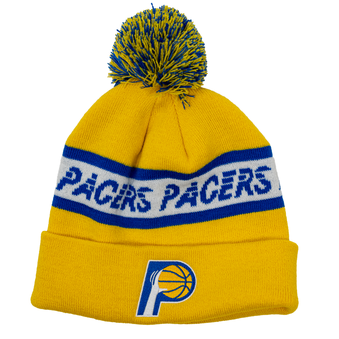 Yellow beanie with blue and white pom-pom and 'Pacers' text on a white background