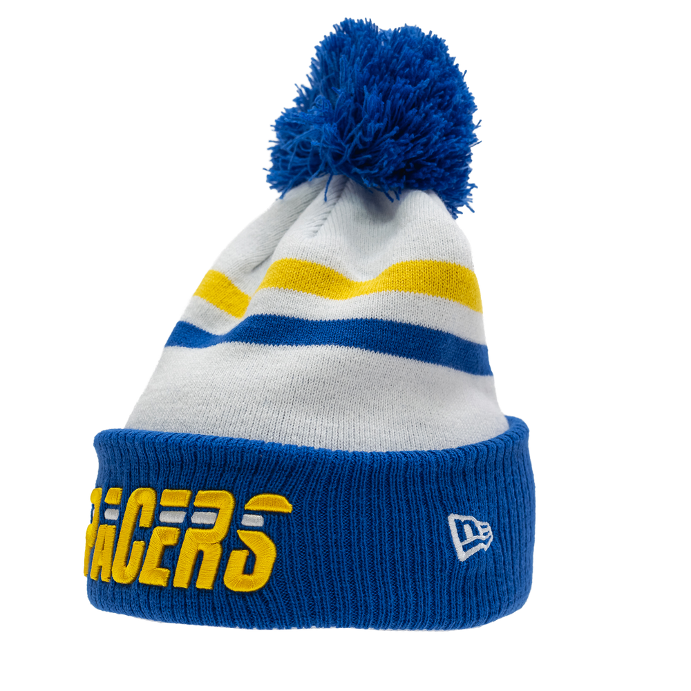 Blue and white striped beanie with pom-pom and 'Racers' text on a white background