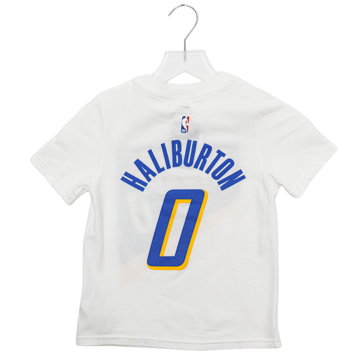 Youth 4-7 Indiana Pacers #0 Tyrese Haliburton 25-26' CITY EDITION Name and Number T-shirt in White by Nike