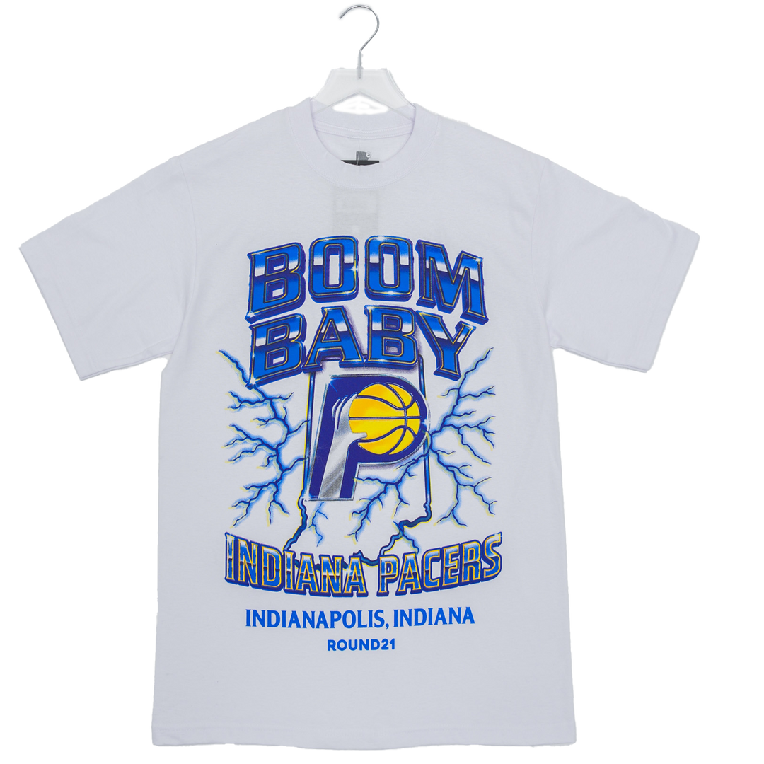 White t-shirt with Indiana Pacers graphic on a white background