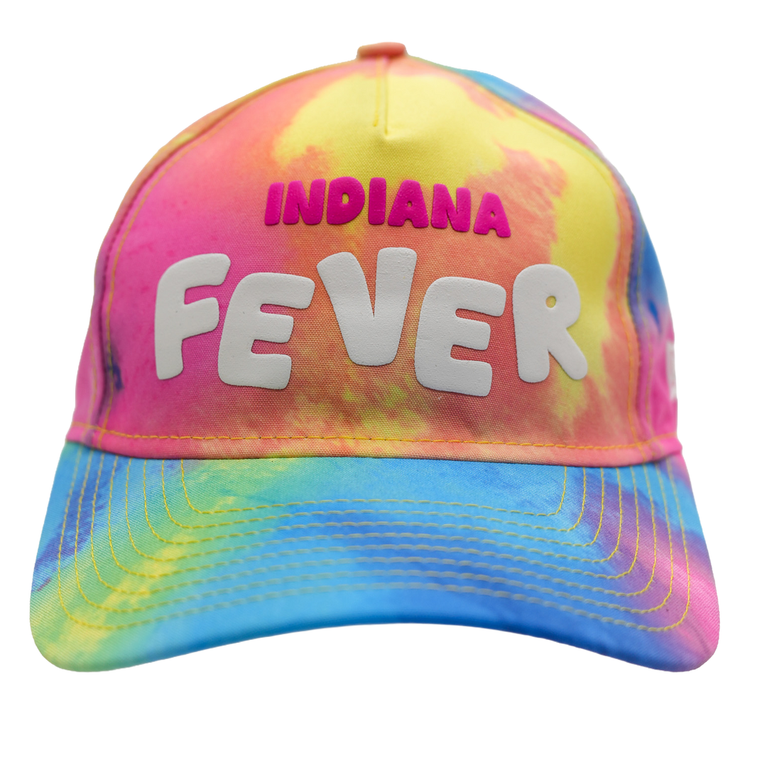 Colorful tie-dye cap with 'Indiana Fever' text on a white background
