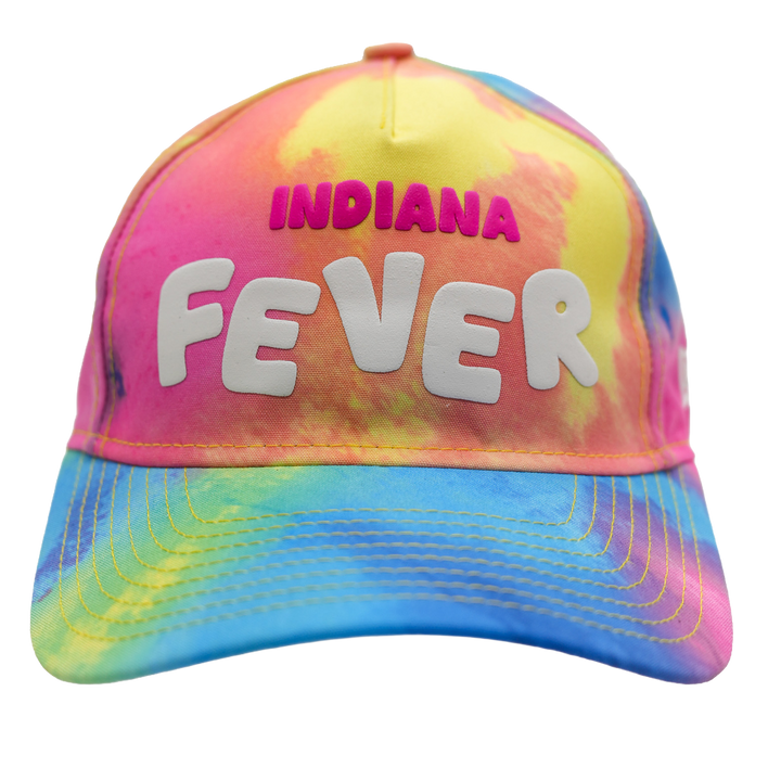 Colorful tie-dye cap with 'Indiana Fever' text on a white background