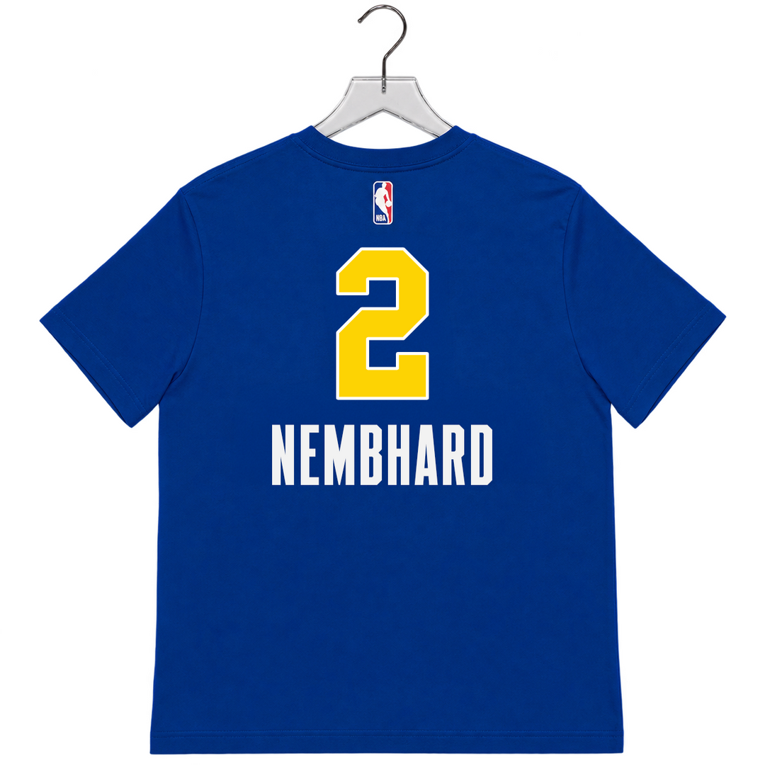 A royal blue short-sleeve t-shirt on a hanger, showing the back with a large yellow number 2 and the name &