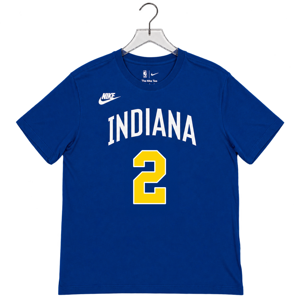 A royal blue short-sleeve Nike basketball T-shirt hanging on a clear plastic hanger against a white background. The shirt features 'INDIANA' in white block letters across the chest and the number '2' in yellow with a white outline below it.