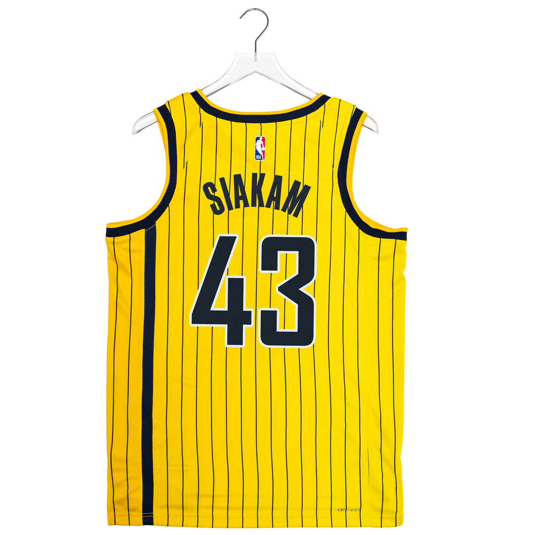 A yellow basketball jersey with thin black pinstripes, featuring the name 'SIAKAM' and number '43' on the back. The jersey is displayed on a white hanger against a plain white background.