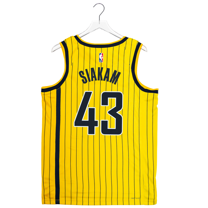 A yellow basketball jersey with thin black pinstripes, featuring the name 'SIAKAM' and number '43' on the back. The jersey is displayed on a white hanger against a plain white background.