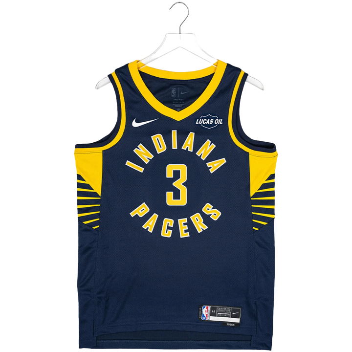 Navy blue basketball jersey with yellow accents, featuring 'Indiana Pacers' and number '3', on a white background.