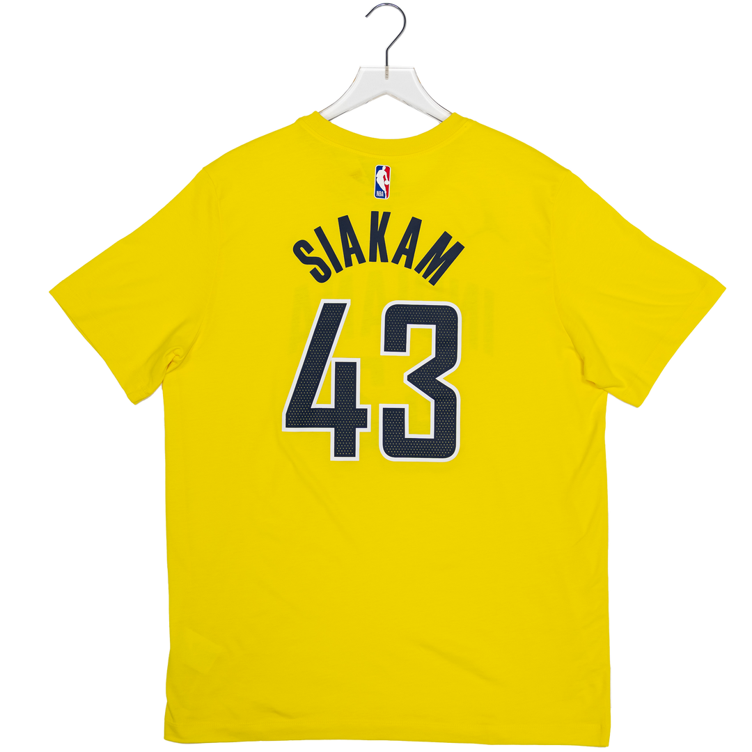 A bright yellow basketball jersey shown from the back on a white hanger against a white background. The back features the name 'SJAKAM' and the number '43' in navy blue with a white outline.