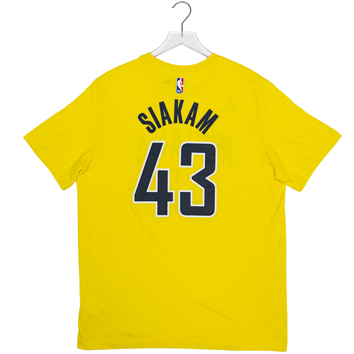 A bright yellow basketball jersey shown from the back on a white hanger against a white background. The back features the name 'SJAKAM' and the number '43' in navy blue with a white outline.
