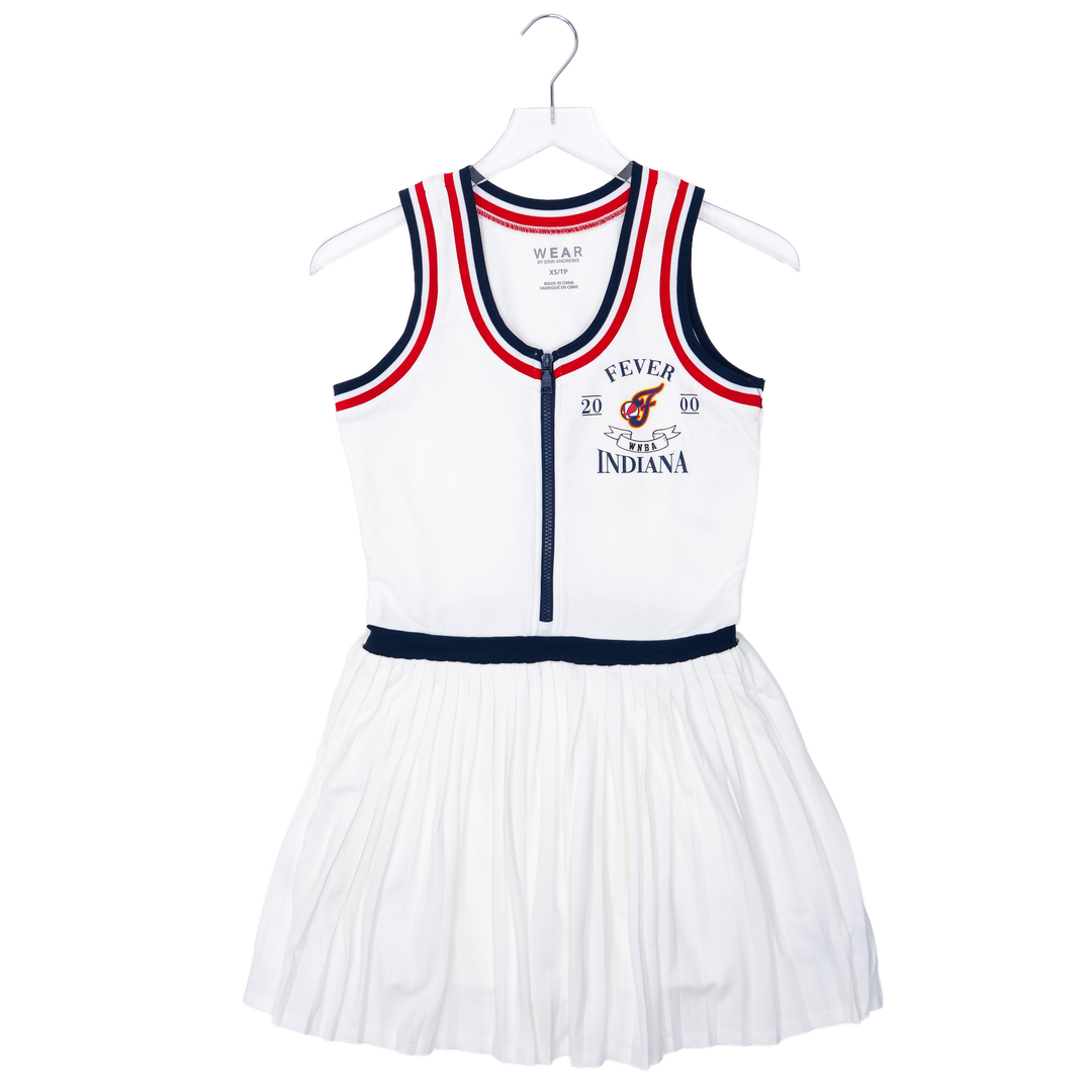 White dress with red and blue accents on a white background