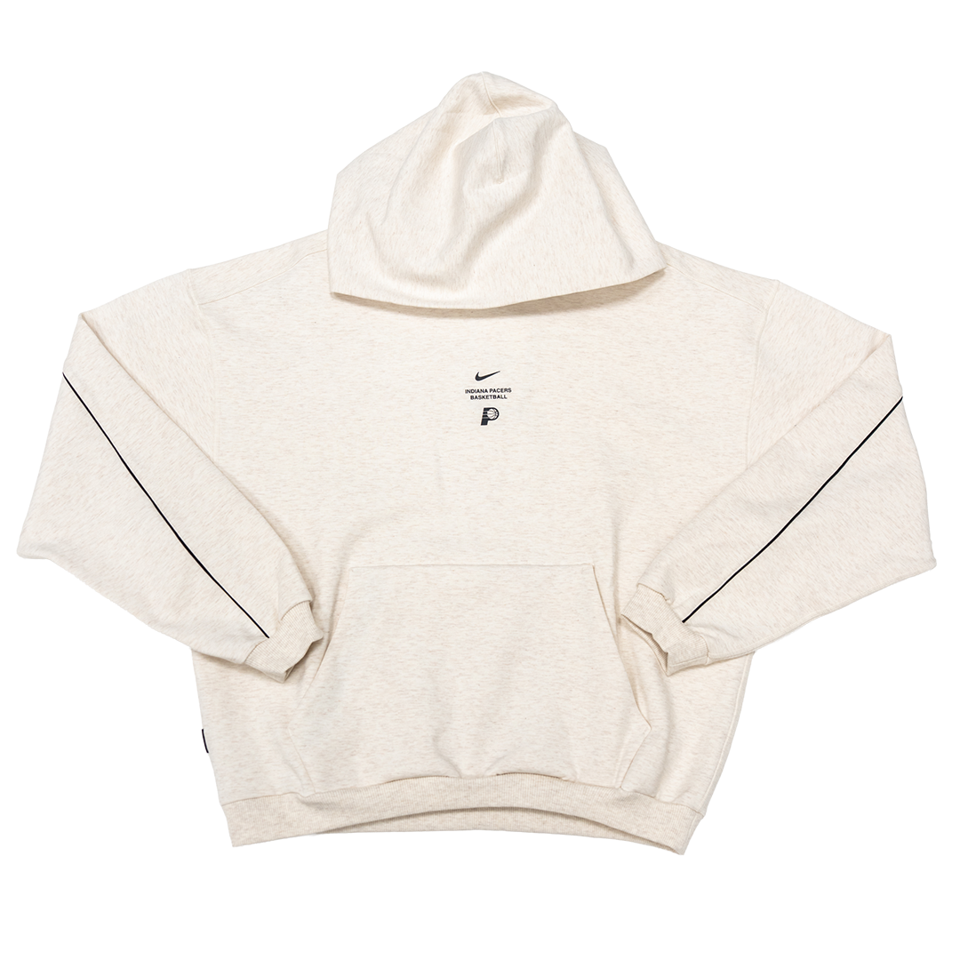 An off-white heathered pullover hoodie with black piping along the sleeve seams and a small black Nike logo on the chest, displayed flat against a white background.