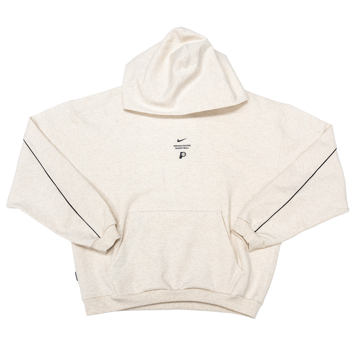 An off-white heathered pullover hoodie with black piping along the sleeve seams and a small black Nike logo on the chest, displayed flat against a white background.
