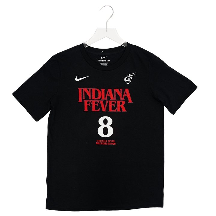 Youth Indiana Fever #8 Sophie Cunningham Stranger Things Rebel Name and Number T-shirt in Black by Nike