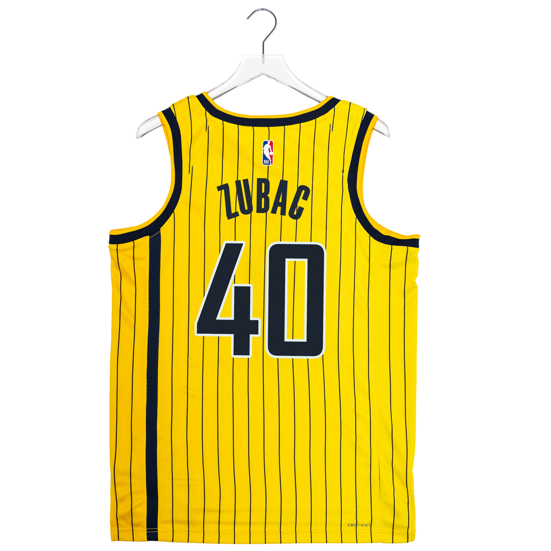 A yellow basketball jersey with thin black pinstripes, featuring the name 'ZUBAC' and number '40' on the back. The jersey is displayed on a white hanger against a plain white background.