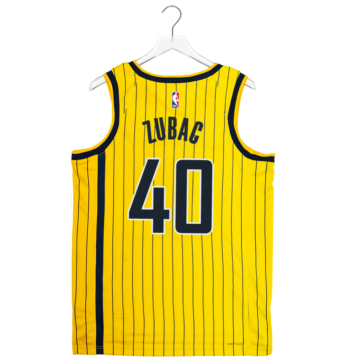 A yellow basketball jersey with thin black pinstripes, featuring the name 'ZUBAC' and number '40' on the back. The jersey is displayed on a white hanger against a plain white background.