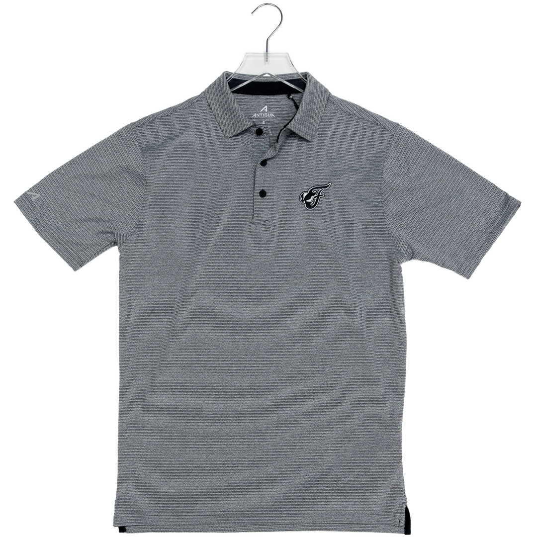 A gray short-sleeve polo shirt with a subtle horizontal textured stripe pattern, featuring a small black embroidered logo on the left chest, displayed on a white hanger against a plain white background.