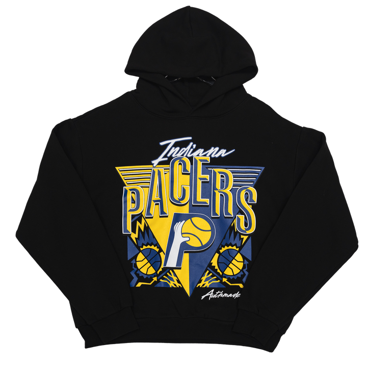 A black pullover hoodie featuring a large front graphic for the Indiana Pacers, with yellow and blue lettering, basketball motifs, and a small &