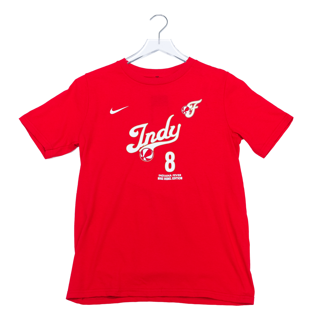 Youth Indiana Fever #8 Sophie Cunningham 2026 Rebel Name and Number T-shirt in Red by Nike