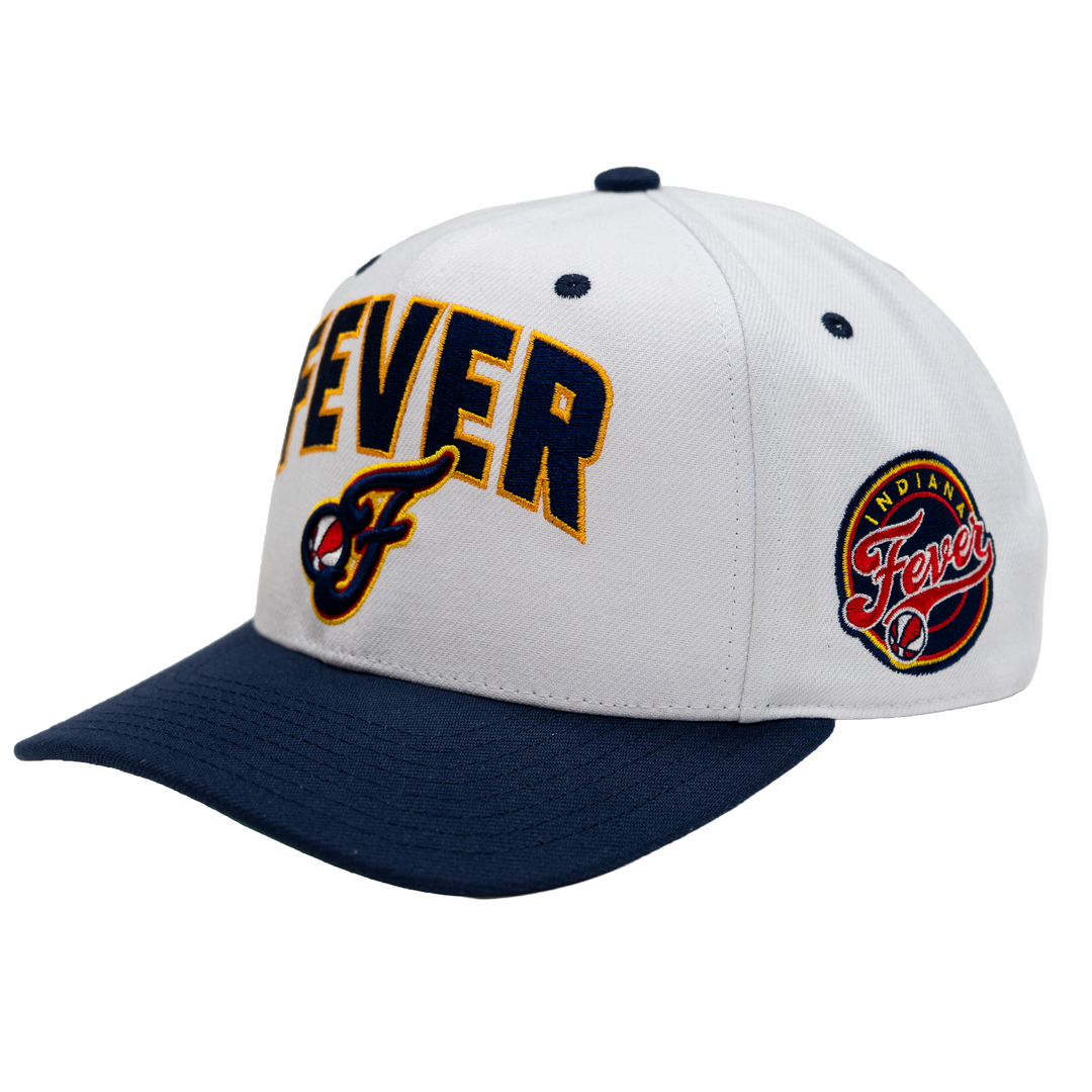 White and navy cap with 'Fever' and logo on a white background