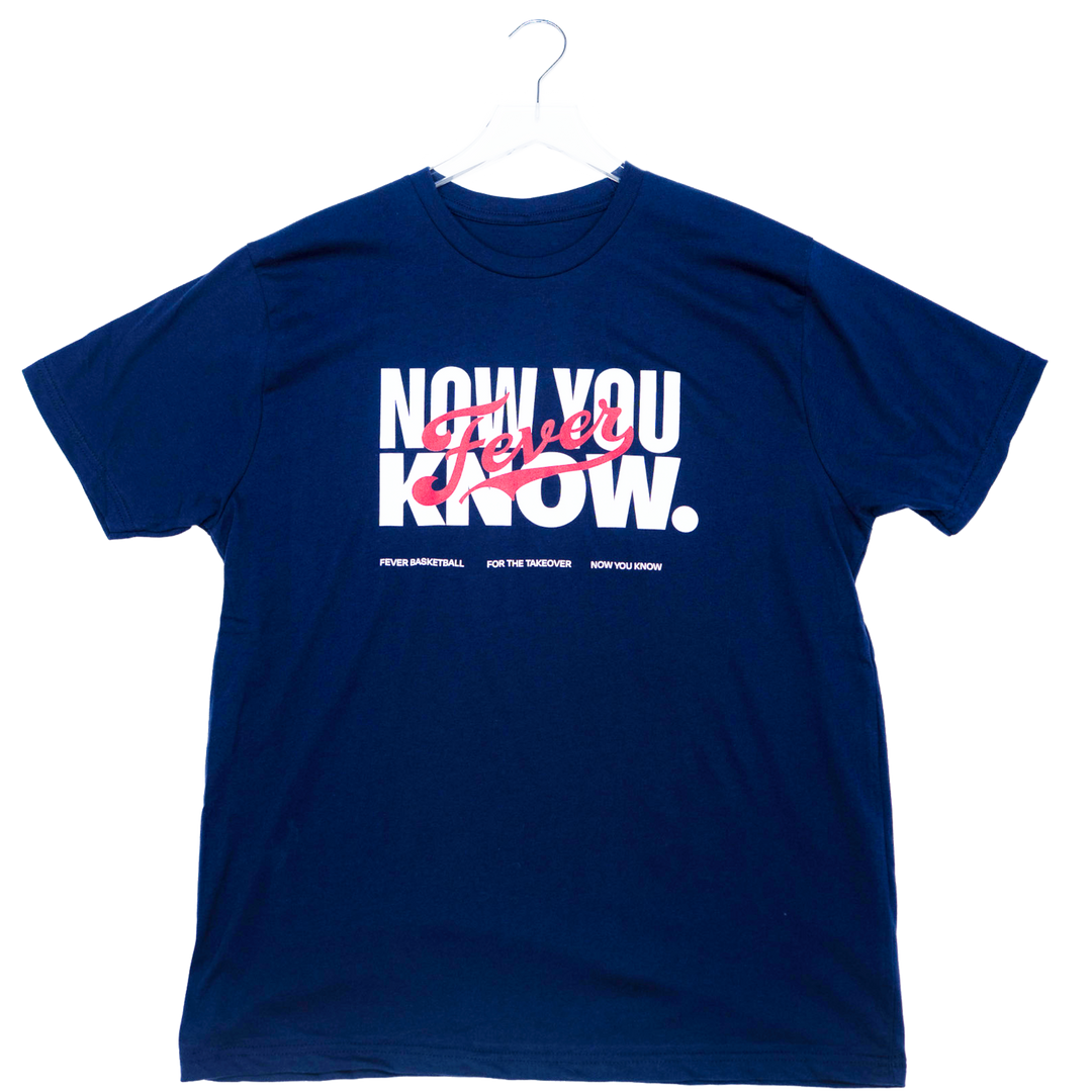 Blue t-shirt with white and red text on a white background