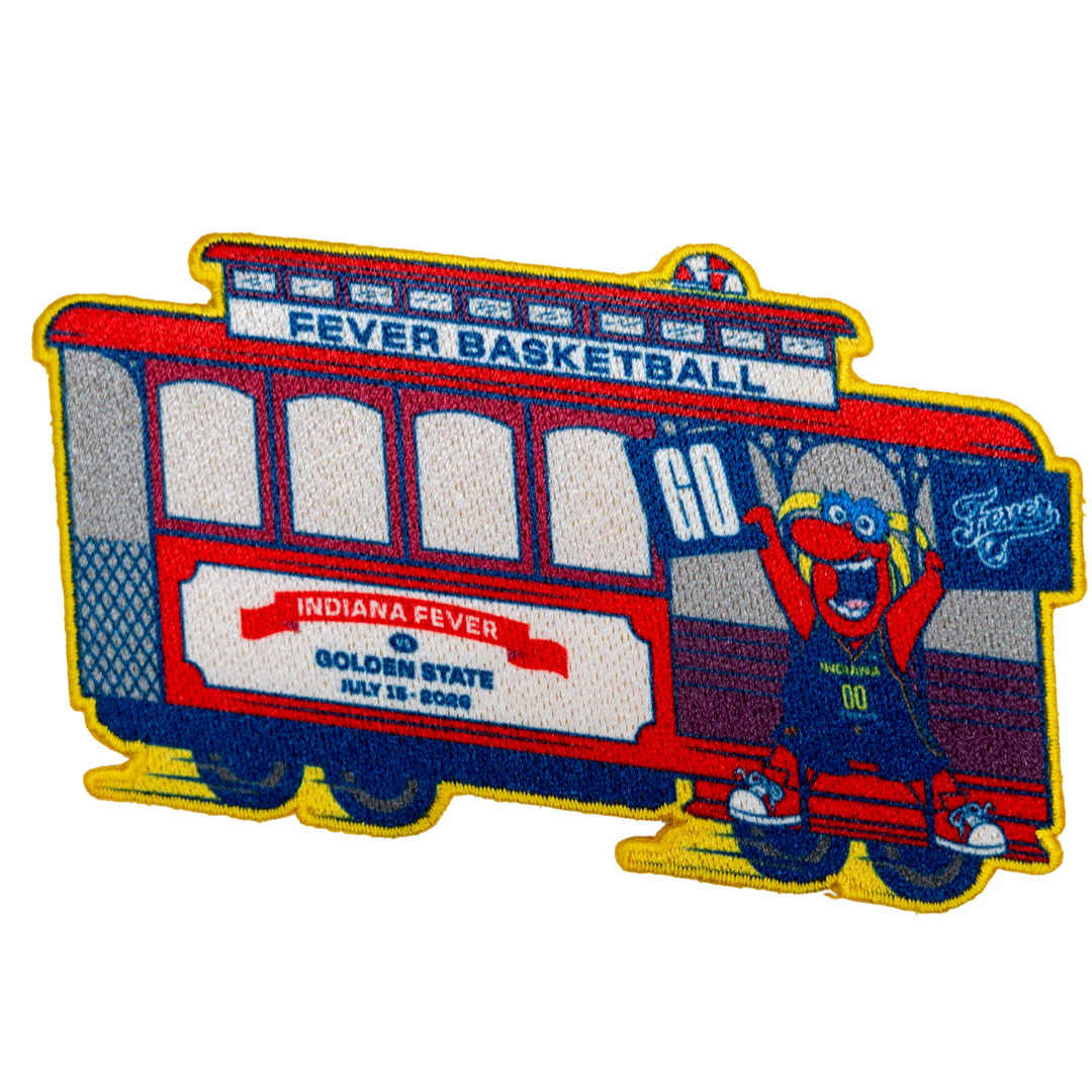 An embroidered patch shaped like an Indiana Fever trolley bus, featuring the team logo and mascot on a white background.