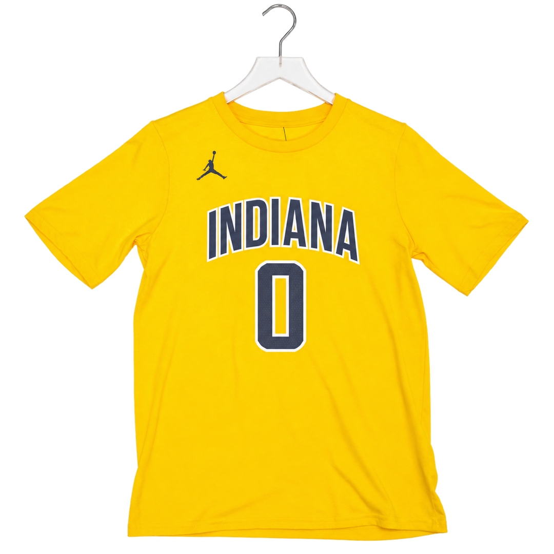 Youth Indiana Pacers #0 Tyrese Haliburton 26-27' Statement Name and Number T-shirt in Gold by Jordan