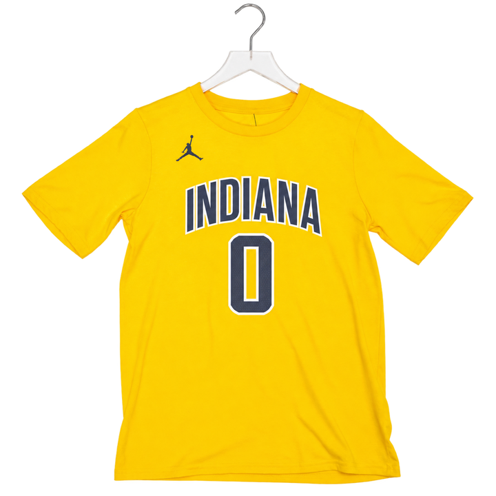 Youth Indiana Pacers #0 Tyrese Haliburton 26-27' Statement Name and Number T-shirt in Gold by Jordan