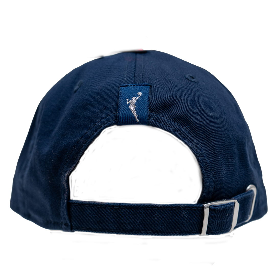 Navy blue cap with a logo on the front and white text on the brim against a white background