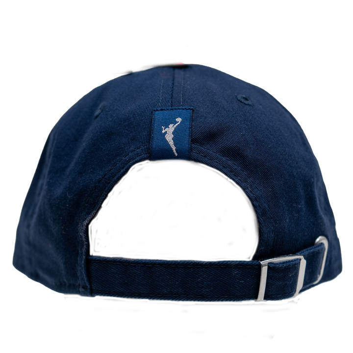 Navy blue cap with a logo on the front and white text on the brim against a white background