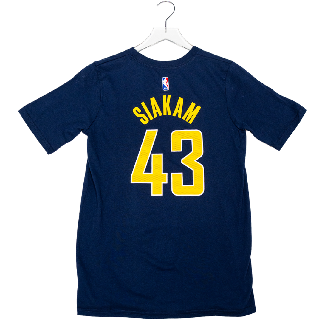A navy blue short-sleeve t-shirt hanging on a white plastic hanger against a white background. The back of the shirt features the name 'SIAKAM' and number '43' printed in yellow with a white outline, and a small NBA logo is visible above the name.