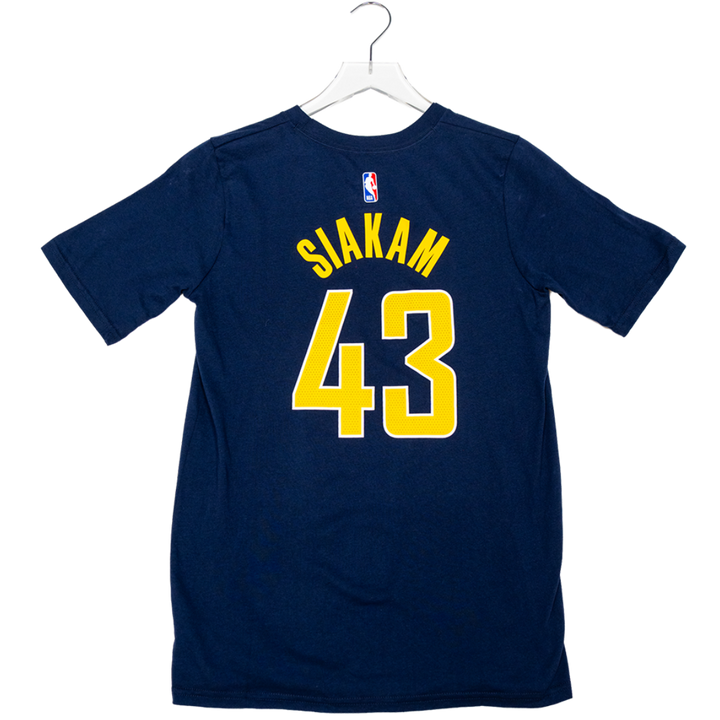 A navy blue short-sleeve t-shirt hanging on a white plastic hanger against a white background. The back of the shirt features the name 'SIAKAM' and number '43' printed in yellow with a white outline, and a small NBA logo is visible above the name.