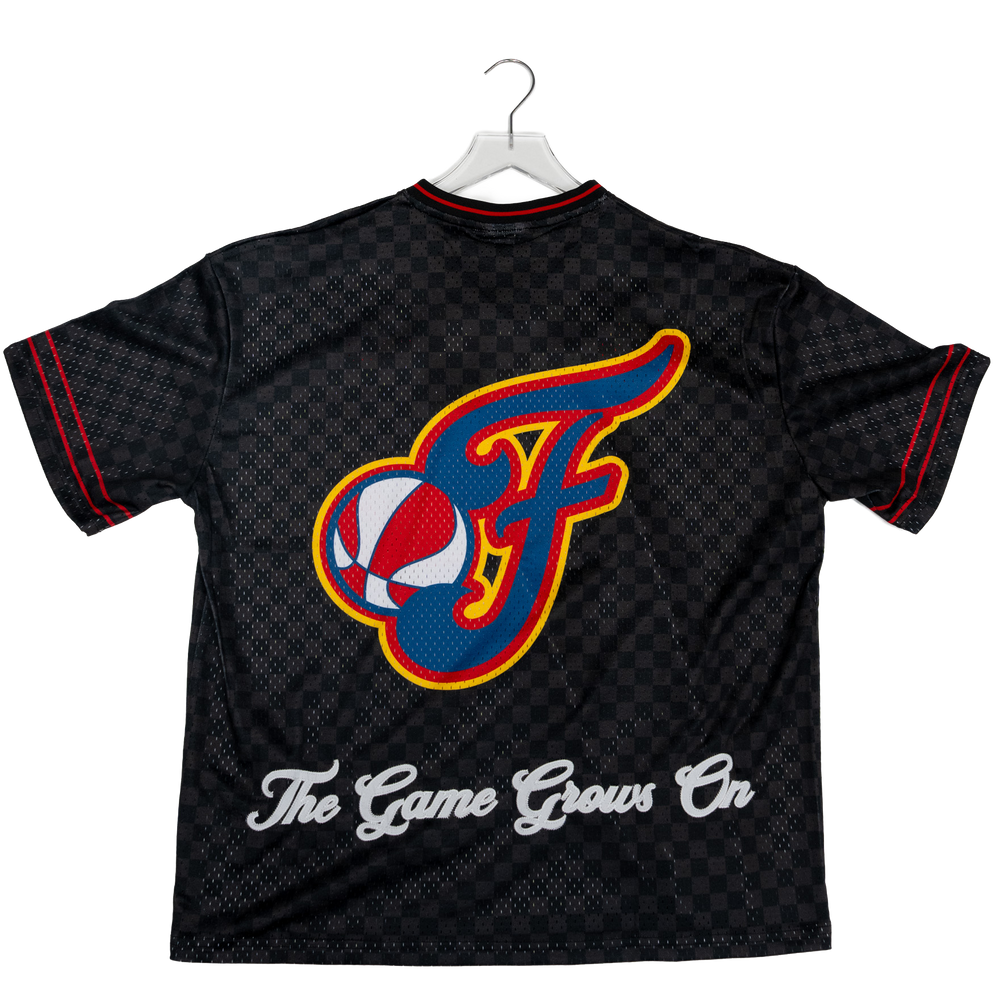 Black sports jersey with a colorful logo and text on a white background