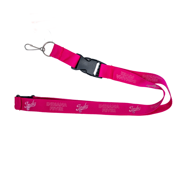 Pink lanyard with a metal clip on a white background