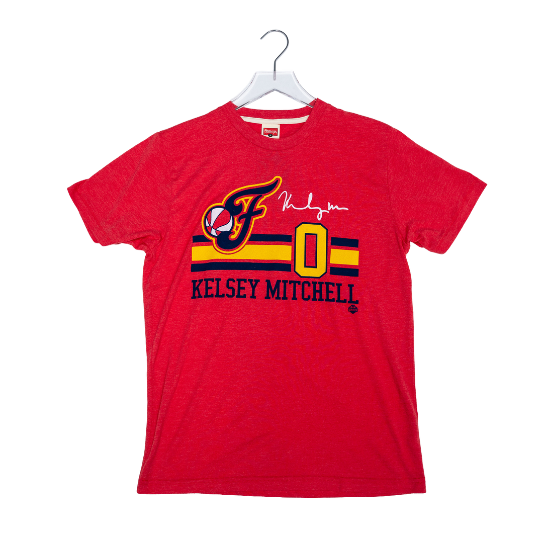 Adult Indiana Fever #0 Kelsey Mitchell Name and Number T-shirt in Red by Homage