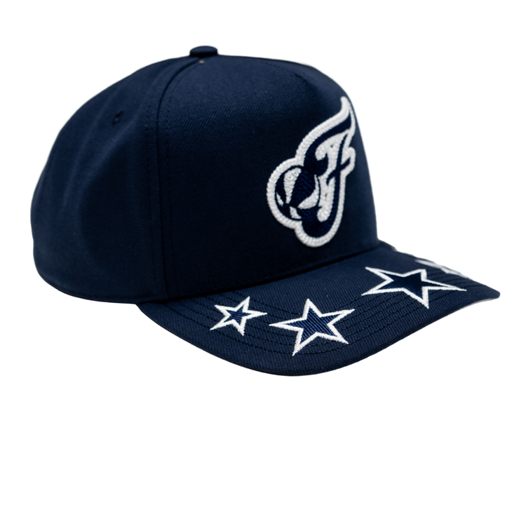 Navy blue cap with white logo and stars on a white background