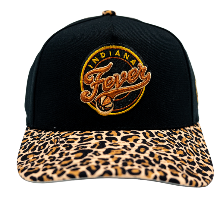 A black baseball cap with a leopard-print brim and a circular embroidered 'Indiana Fever' logo on the front, shown against a plain white background.