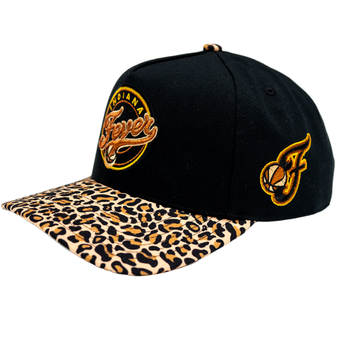 A black baseball cap with a leopard-print brim and embroidered logos. The front features a circular 'Clemson Tigers' logo in gold and brown, and the side displays a gold and brown 'CS' logo.