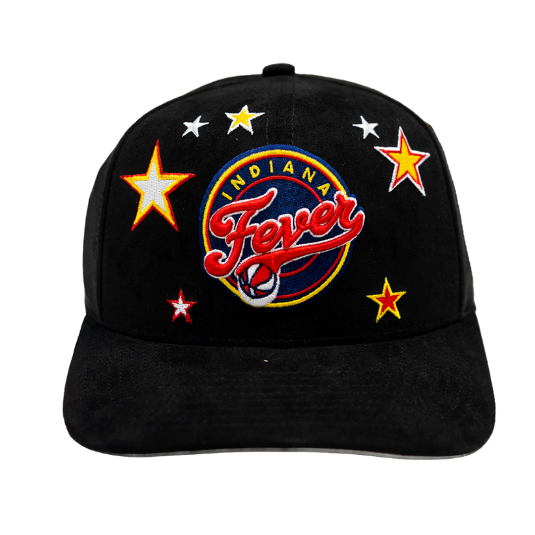 A black baseball cap featuring a prominent embroidered 'Indiana Fever' logo on the front, surrounded by embroidered stars in yellow, red, and white.