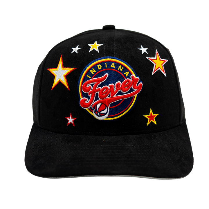 A black baseball cap featuring a prominent embroidered 'Indiana Fever' logo on the front, surrounded by embroidered stars in yellow, red, and white.