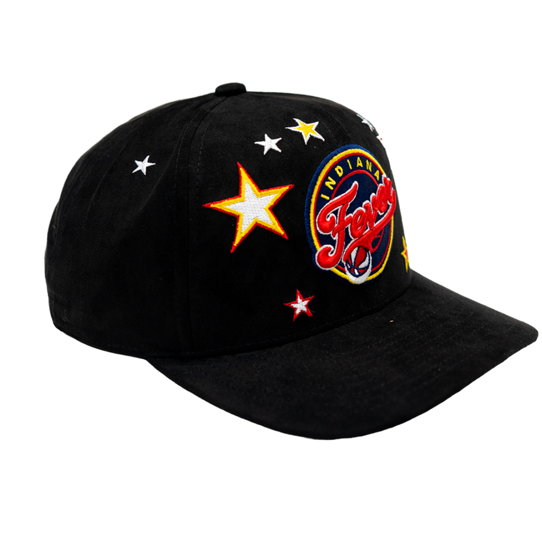 A black baseball cap featuring embroidered white stars, a yellow star, and a circular 'Indiana Fever' logo on the front and side panels, set against a plain white background.