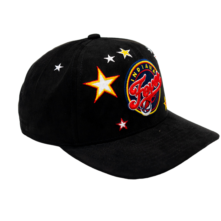 A black baseball cap featuring embroidered white stars, a yellow star, and a circular 'Indiana Fever' logo on the front and side panels, set against a plain white background.
