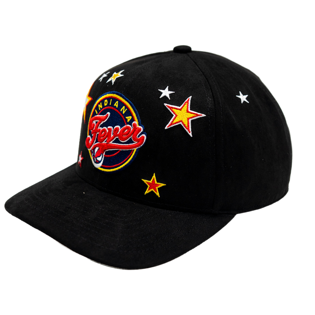 A black baseball cap featuring a circular embroidered 'Indiana Fever' logo on the front panel, surrounded by embroidered yellow and white stars on the crown and brim.