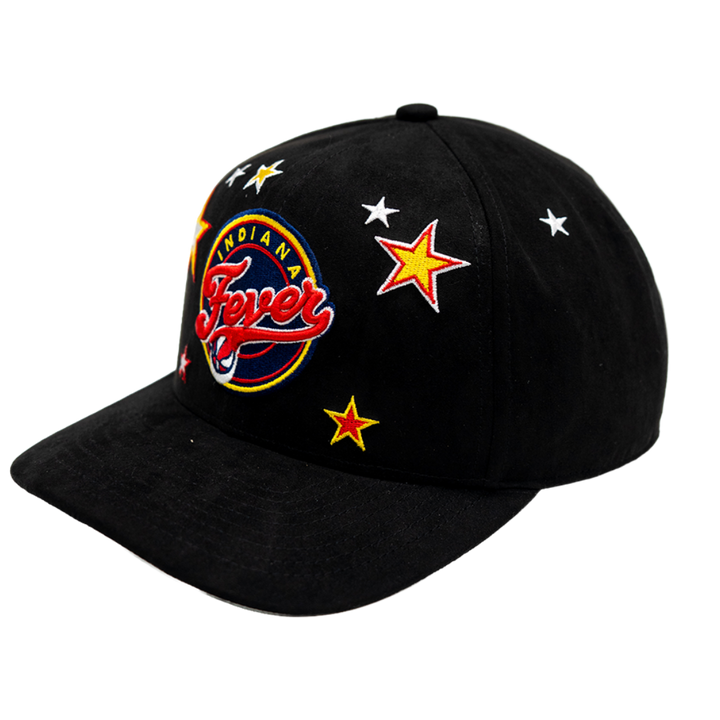 A black baseball cap featuring a circular embroidered 'Indiana Fever' logo on the front panel, surrounded by embroidered yellow and white stars on the crown and brim.