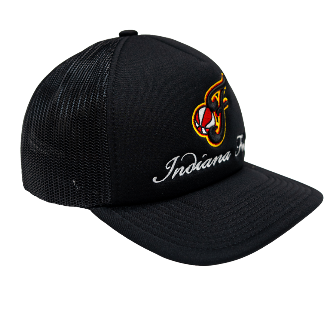 Adult Indiana Fever Fancy Script Trucker Hat in Black by Mitchell & Ness