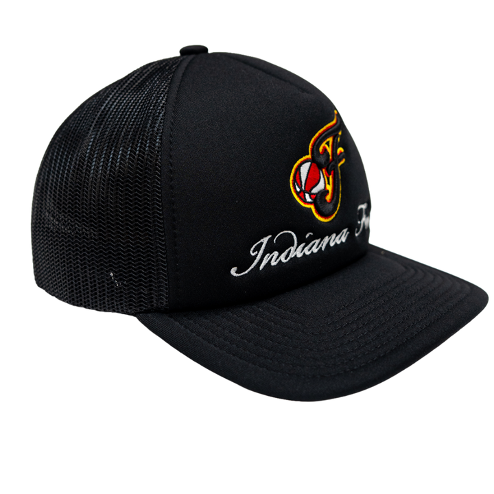 Adult Indiana Fever Fancy Script Trucker Hat in Black by Mitchell & Ness