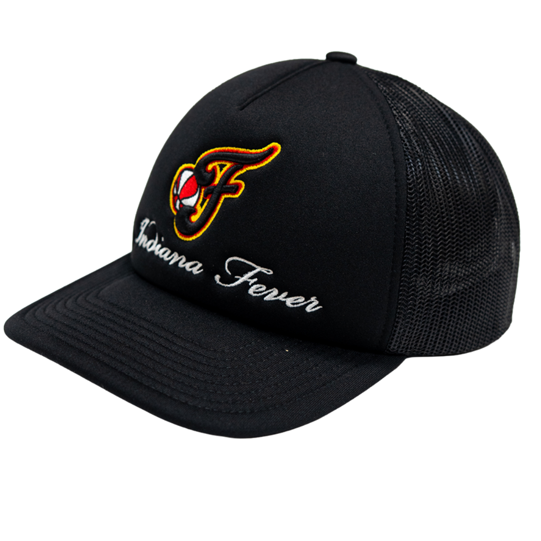 A black trucker hat with a curved brim, black mesh back, and embroidered front logo featuring a stylized 'F' with a red and white eye and yellow outline, alongside the white script text 'Indiana Fever'.