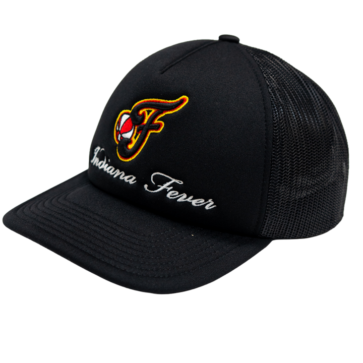A black trucker hat with a curved brim, black mesh back, and embroidered front logo featuring a stylized 'F' with a red and white eye and yellow outline, alongside the white script text 'Indiana Fever'.
