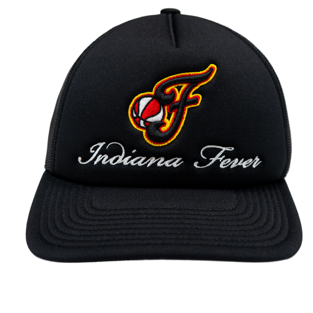 Adult Indiana Fever Fancy Script Trucker Hat in Black by Mitchell & Ness