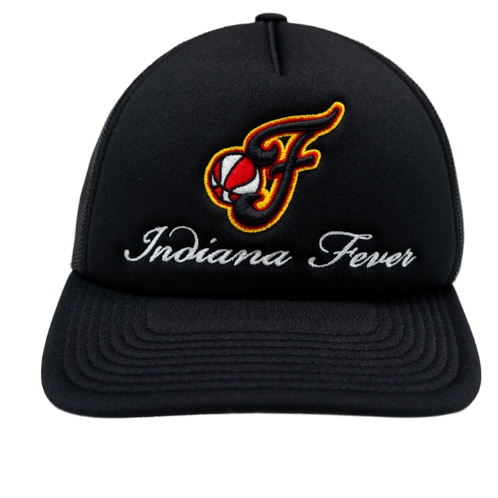 Adult Indiana Fever Fancy Script Trucker Hat in Black by Mitchell & Ness