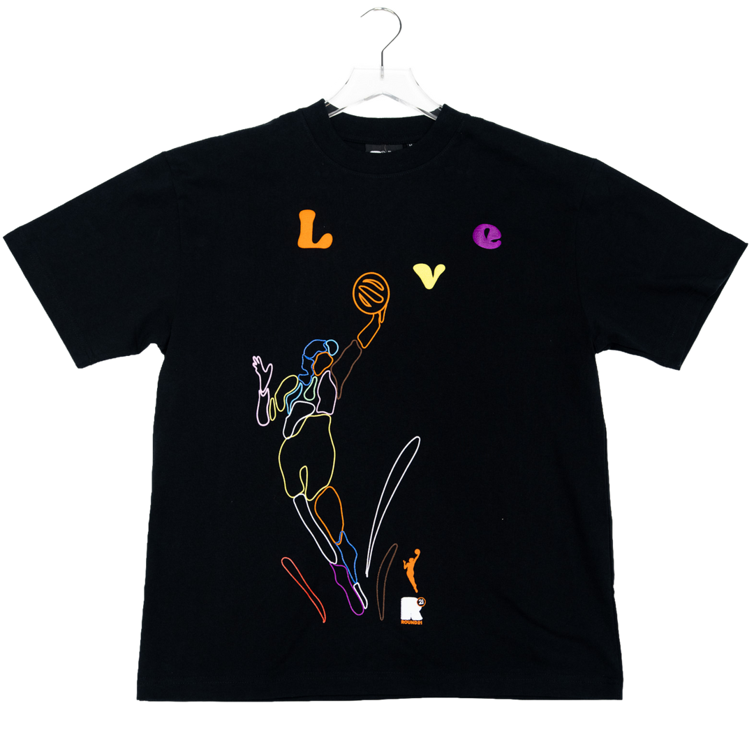 Black t-shirt with colorful graphic design on a white background